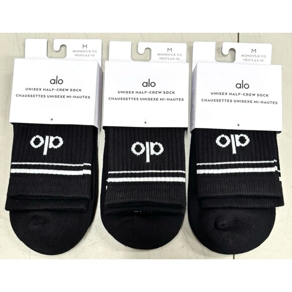 3 Pair ALO Yoga Unisex Half-Crew Socks Black Size Medium NWT FREE SHIPPING - Picture 1 of 7